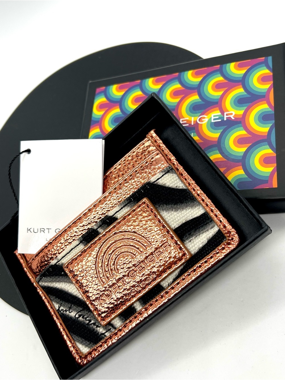 Kurt Geiger NWT Box Southbank Zebra Card Holder Rose Gold Metallic Black White